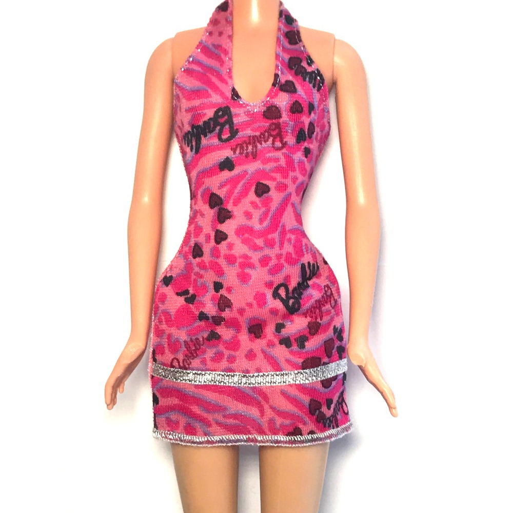 Barbie Doll Clothing Hot Pink Animal Print Halter Dress Black Heart Logo Print
